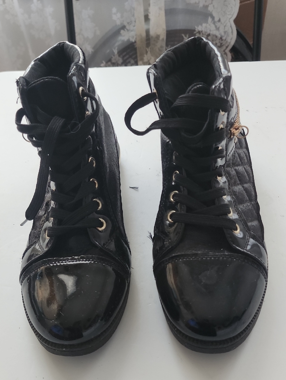 Women's Black Quilted Lace-Up Ankle Boots with Gold-Tone Accents